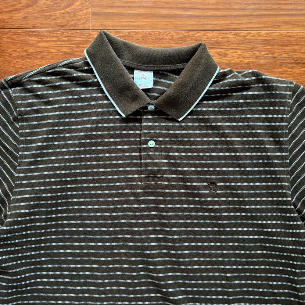 Brooks Brothers 346 Mens XL Brown White Striped Short Sleeve Polo Shirt Cotton